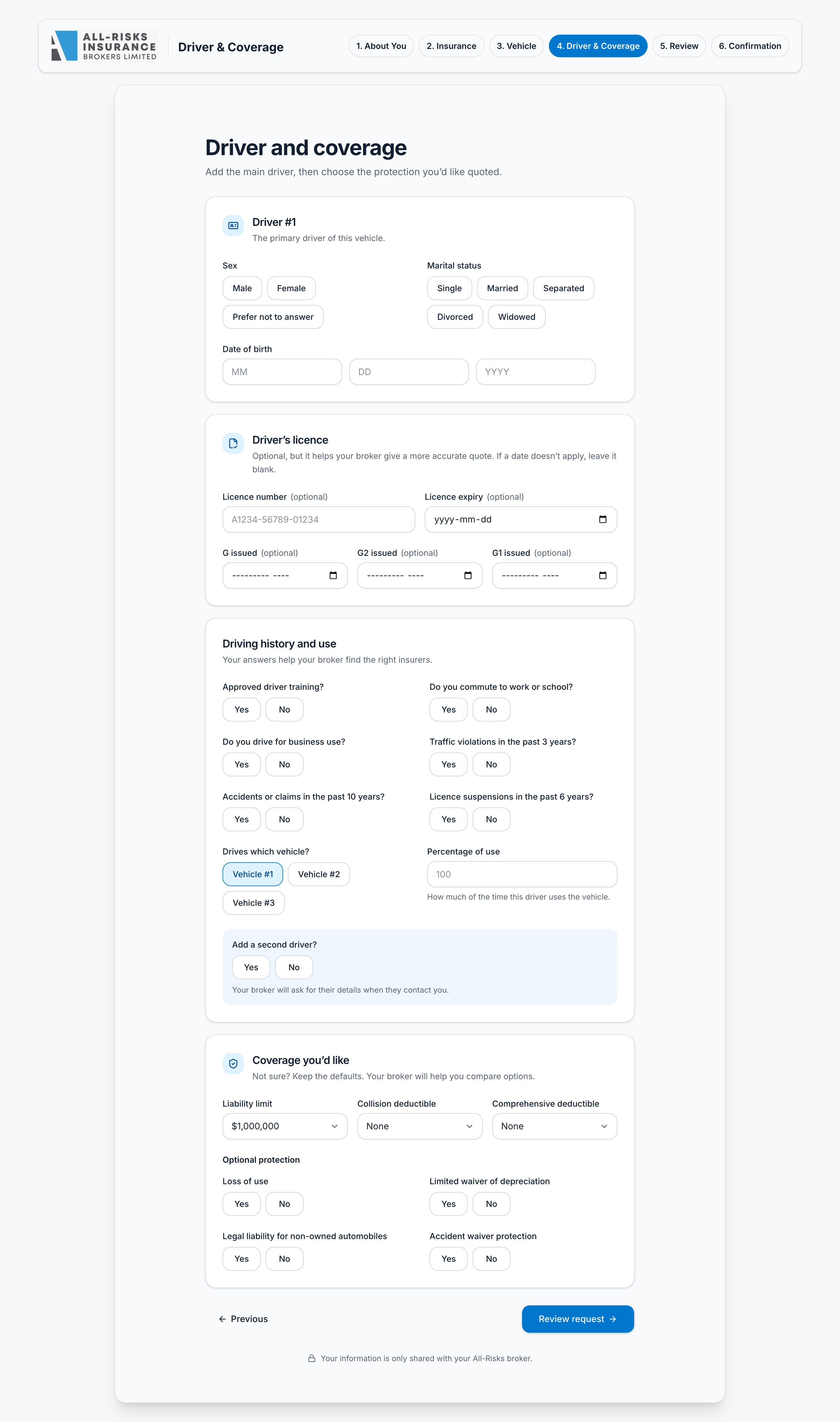 Redesigned step 4, Driver and Coverage: driver, licence, driving history, and coverage choices in separate cards