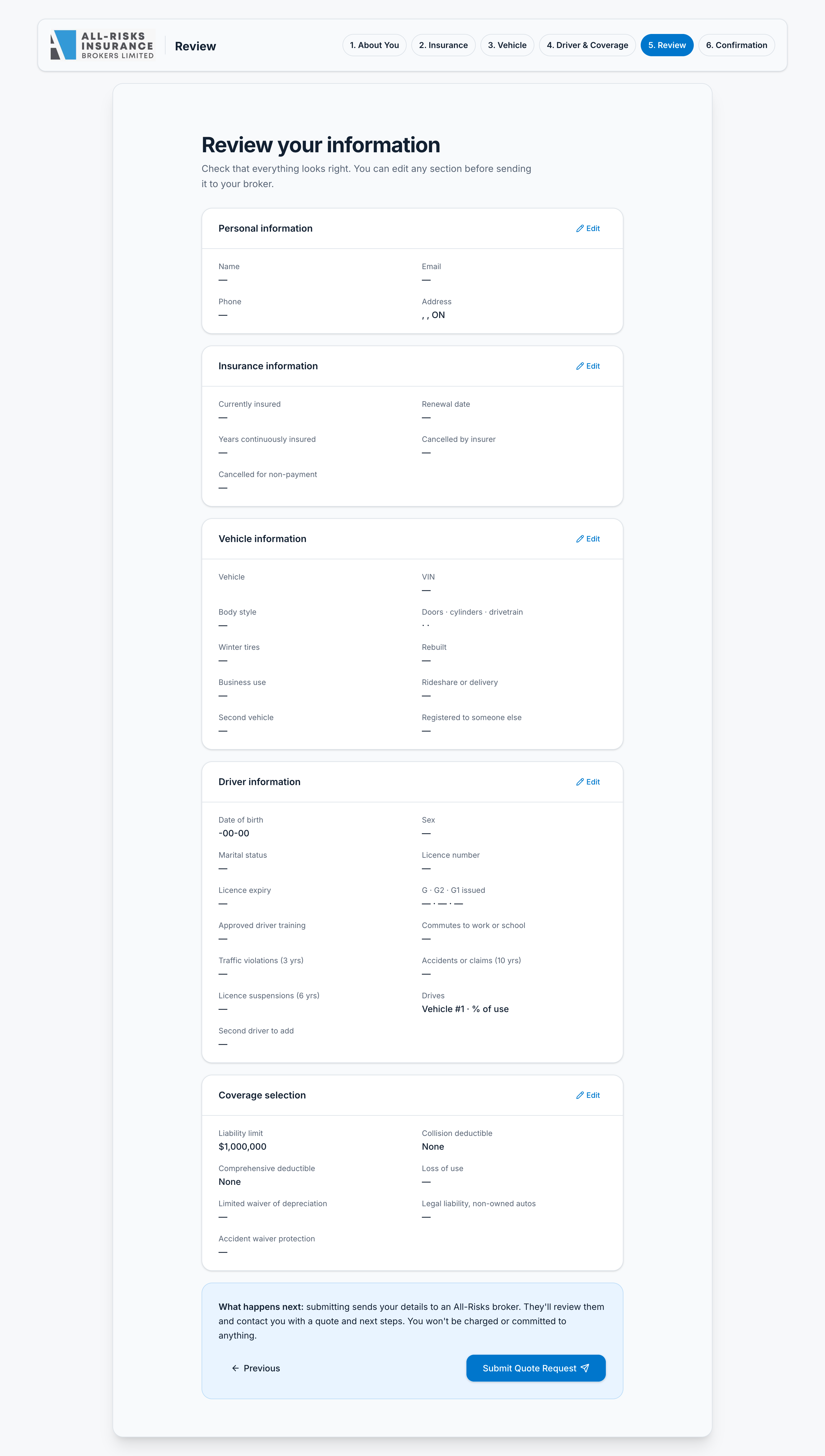 Redesigned step 5, Review: summary cards for each section, each with an Edit link