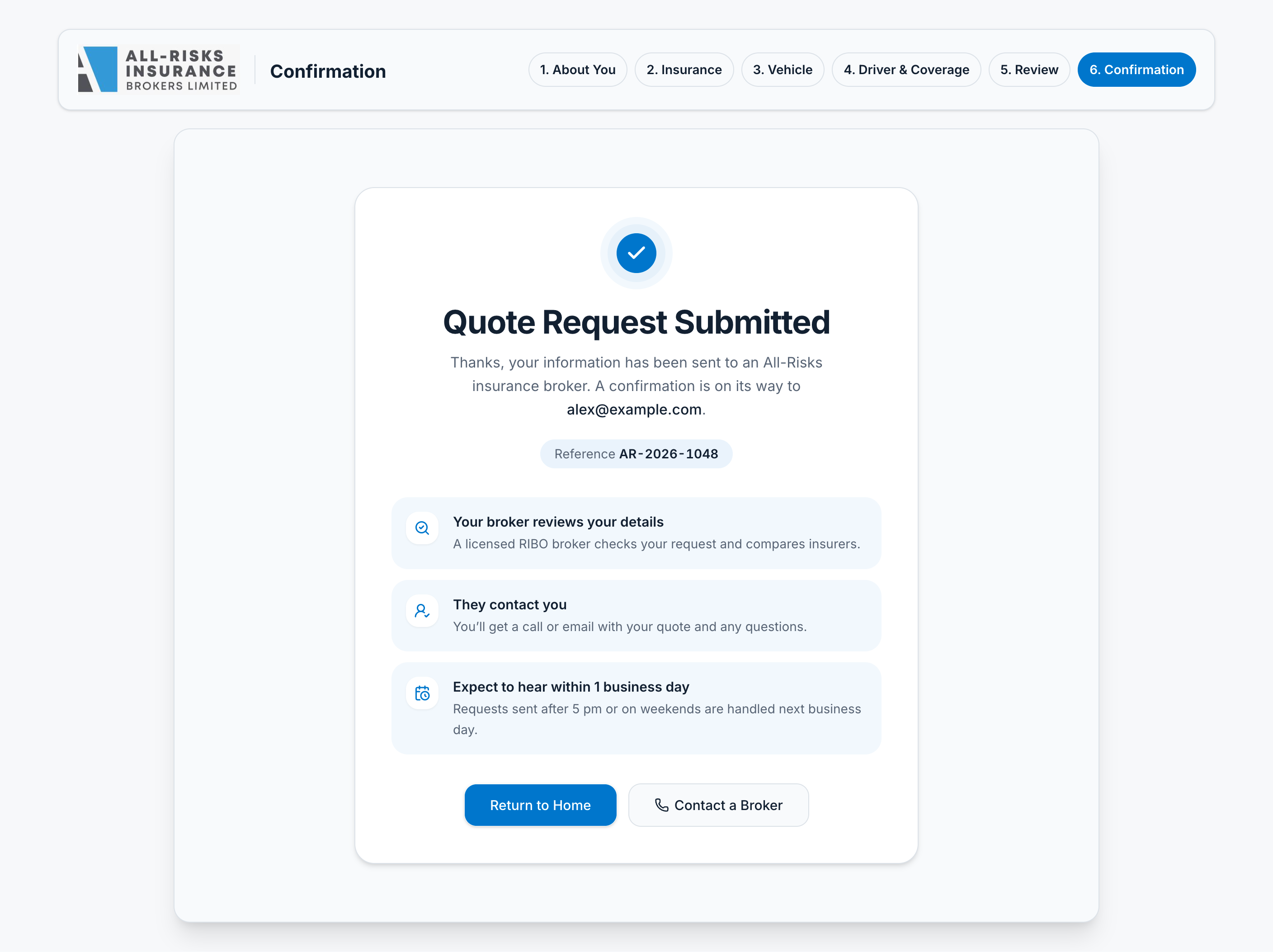Redesigned step 6, Confirmation: quote request submitted with a reference number and next steps