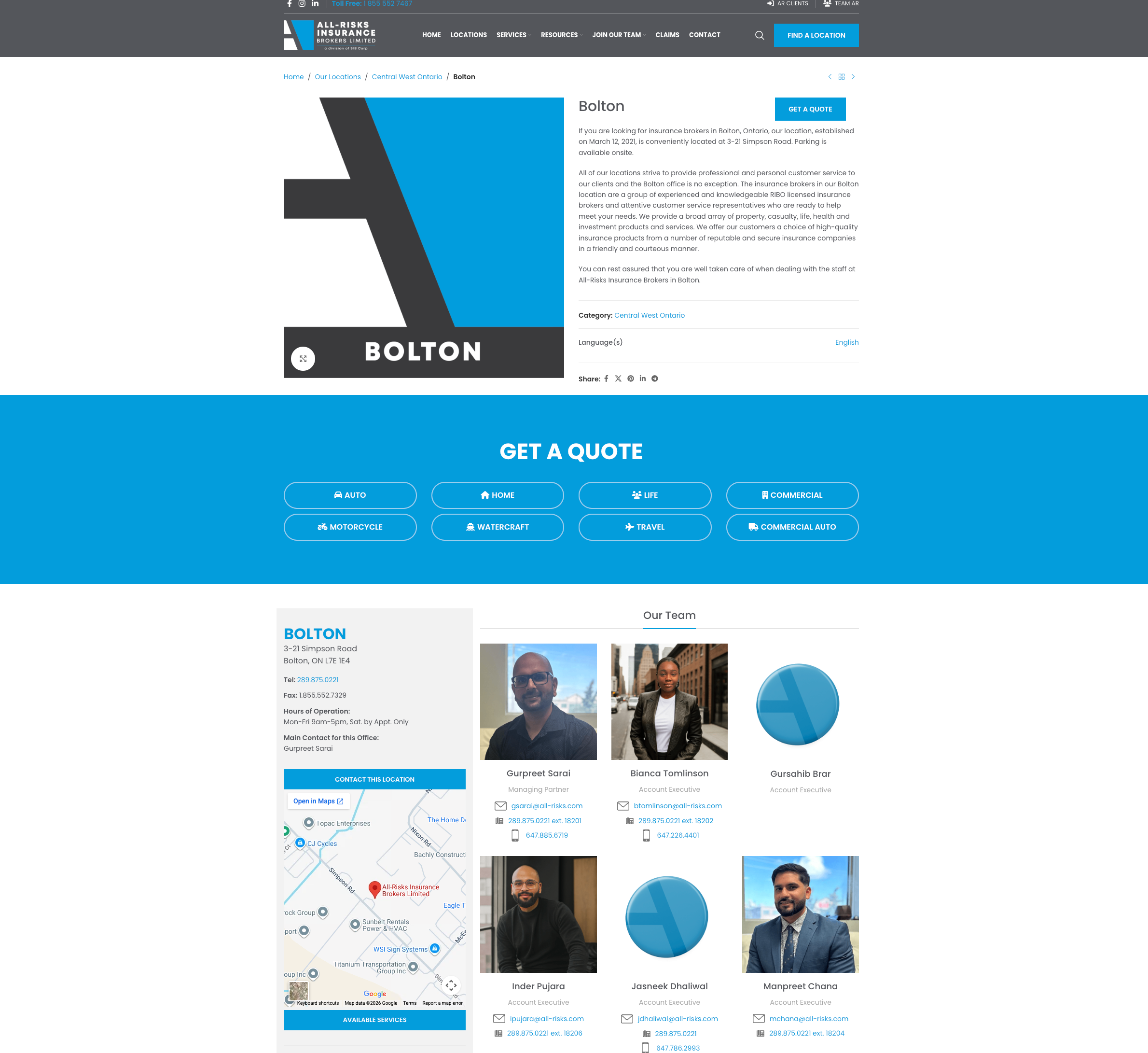 Original Bolton location page with branch details, a Get a Quote section listing insurance types, and the local team