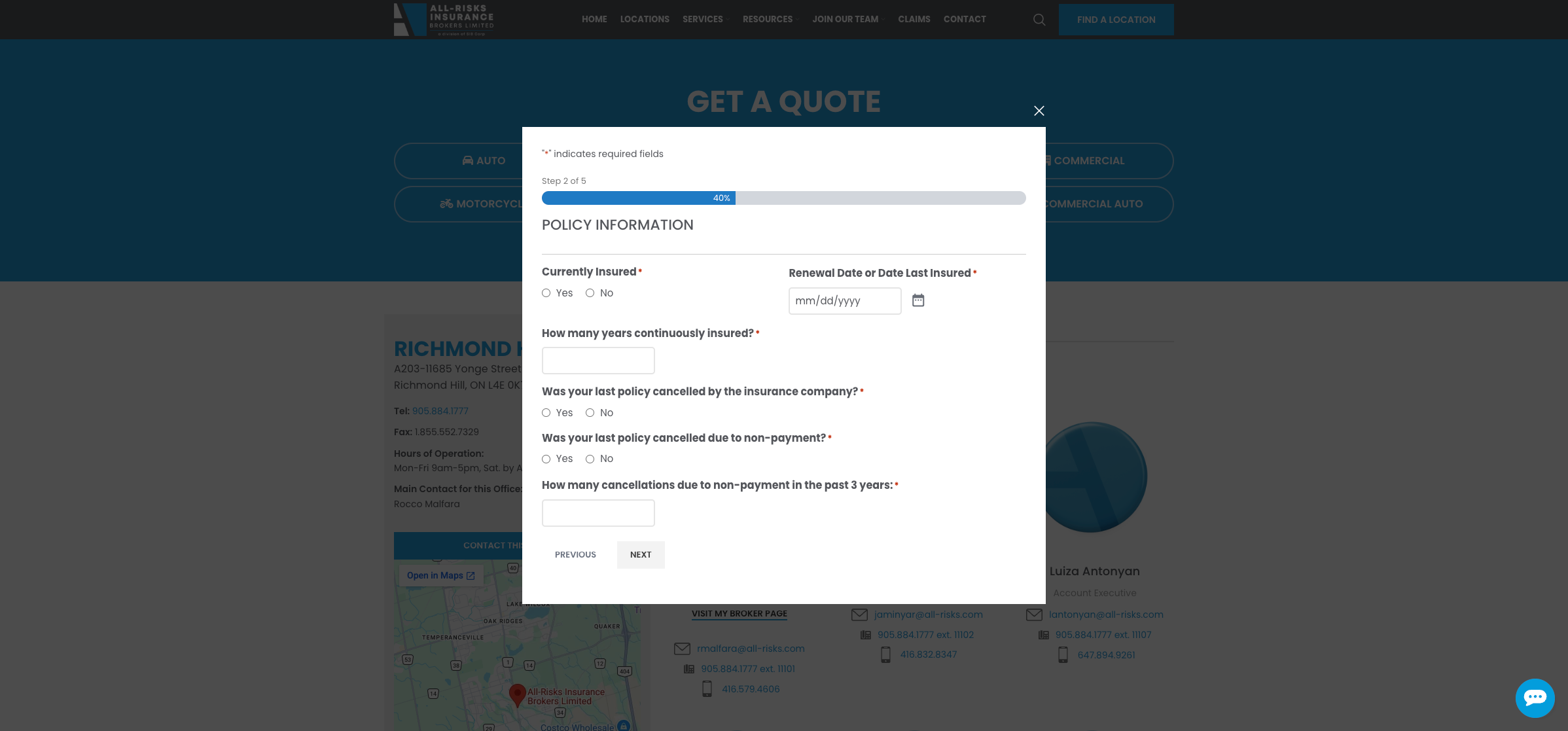Original quote form, step 2 of 5: policy information about current insurance and cancellations