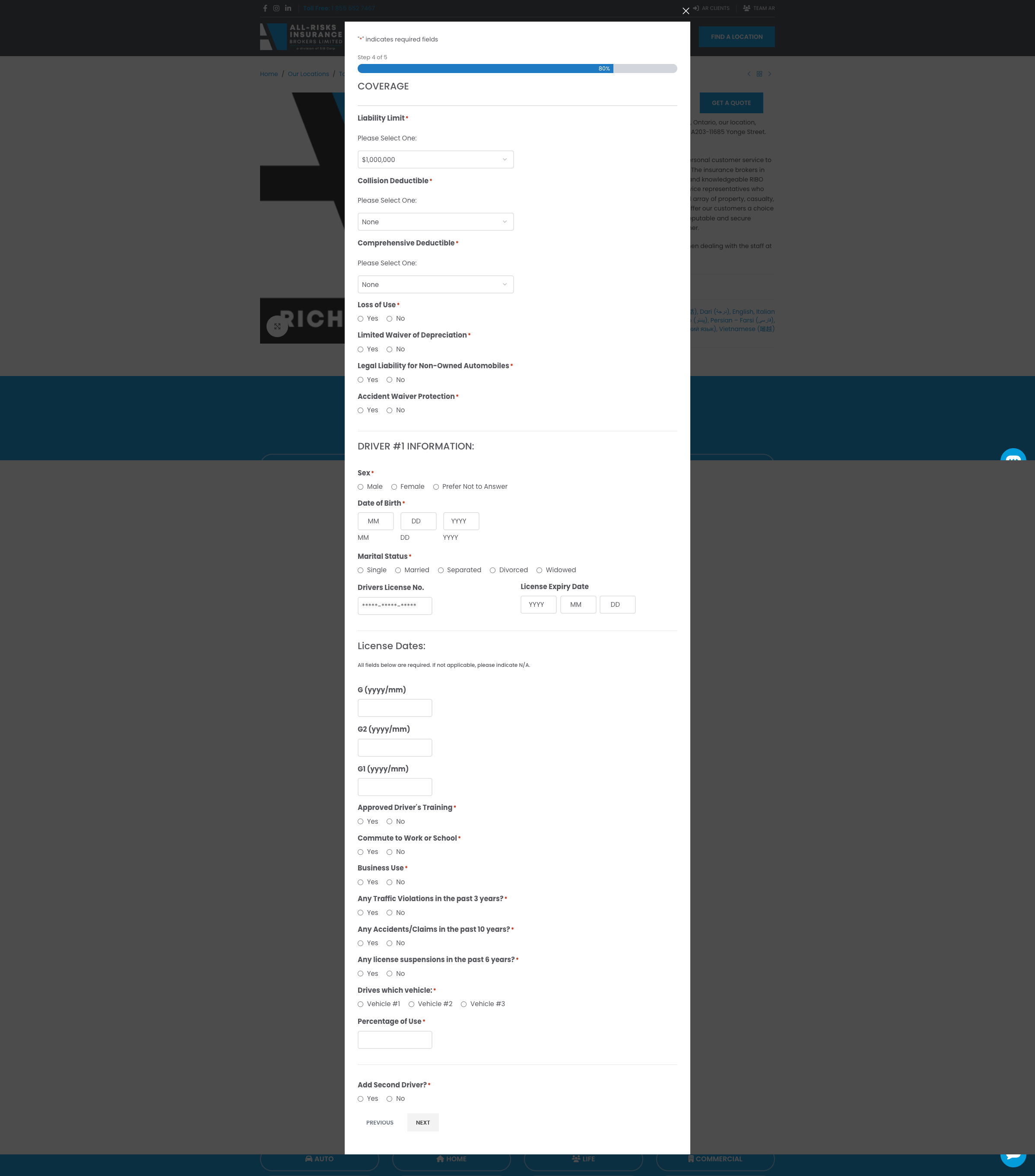 Original quote form, step 4 of 5: coverage and driver information combined on one very long screen