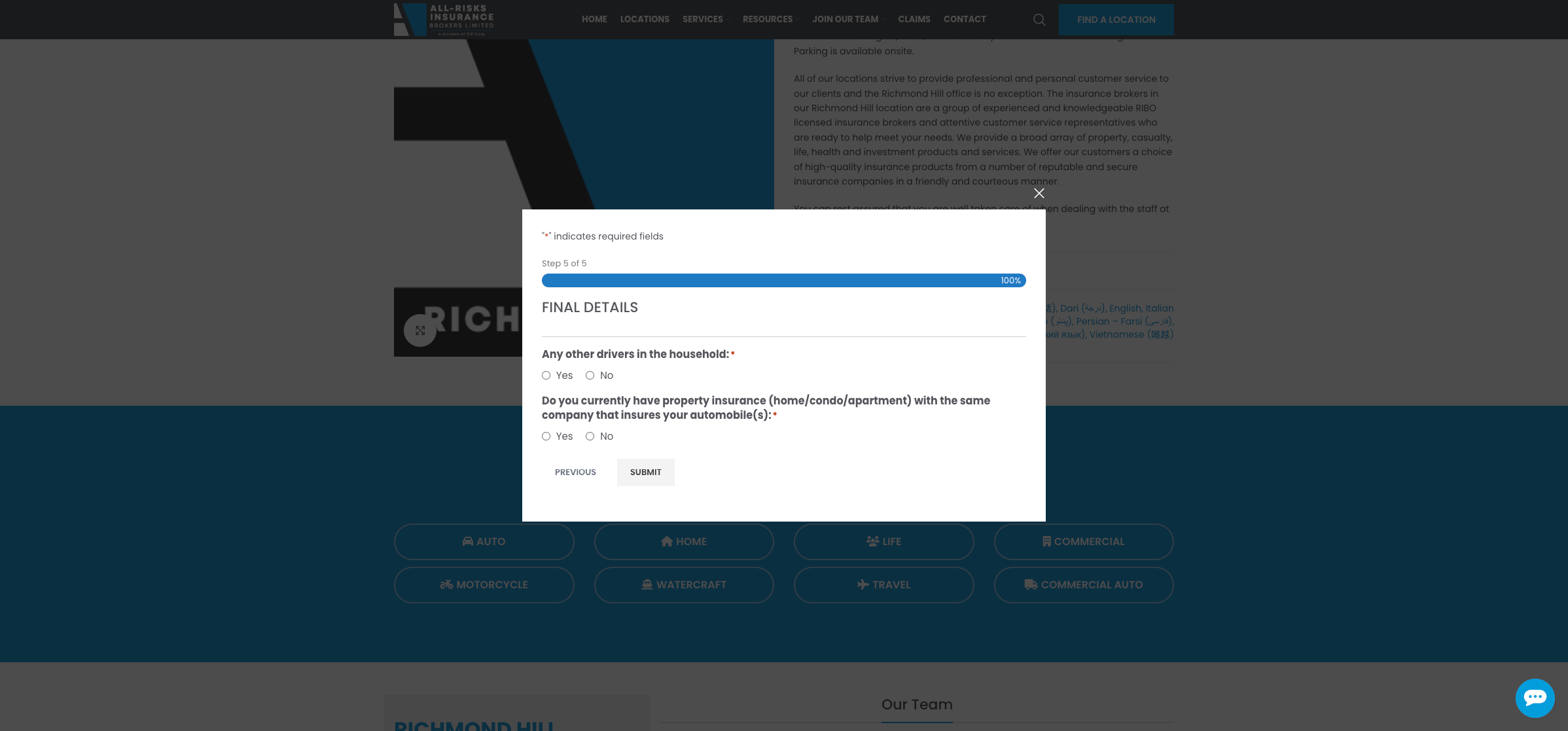 Original quote form, step 5 of 5: two yes or no questions and a Submit button