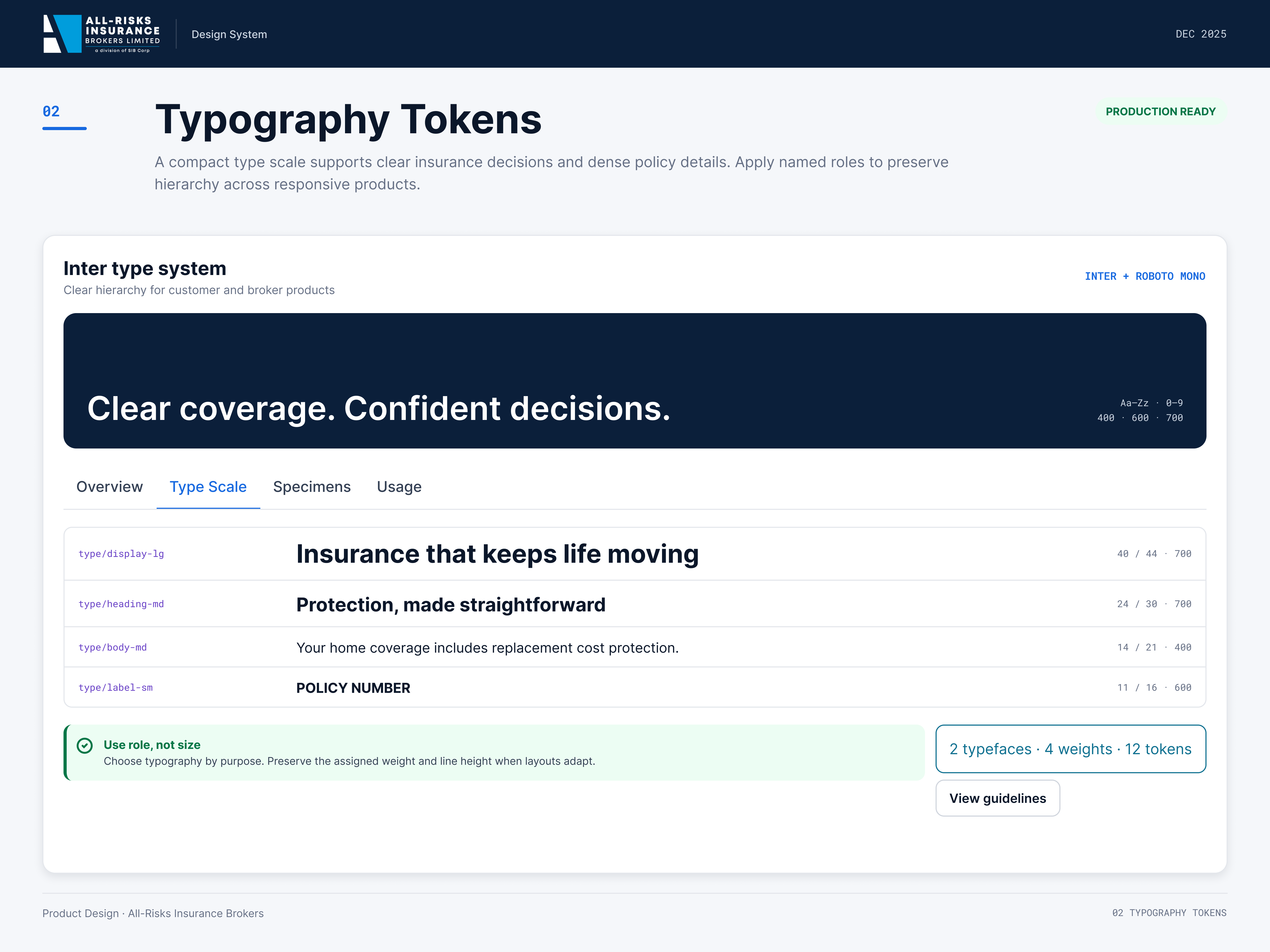 Typography tokens page: Inter type scale from display large to label small, with size, line height, and weight for each role
