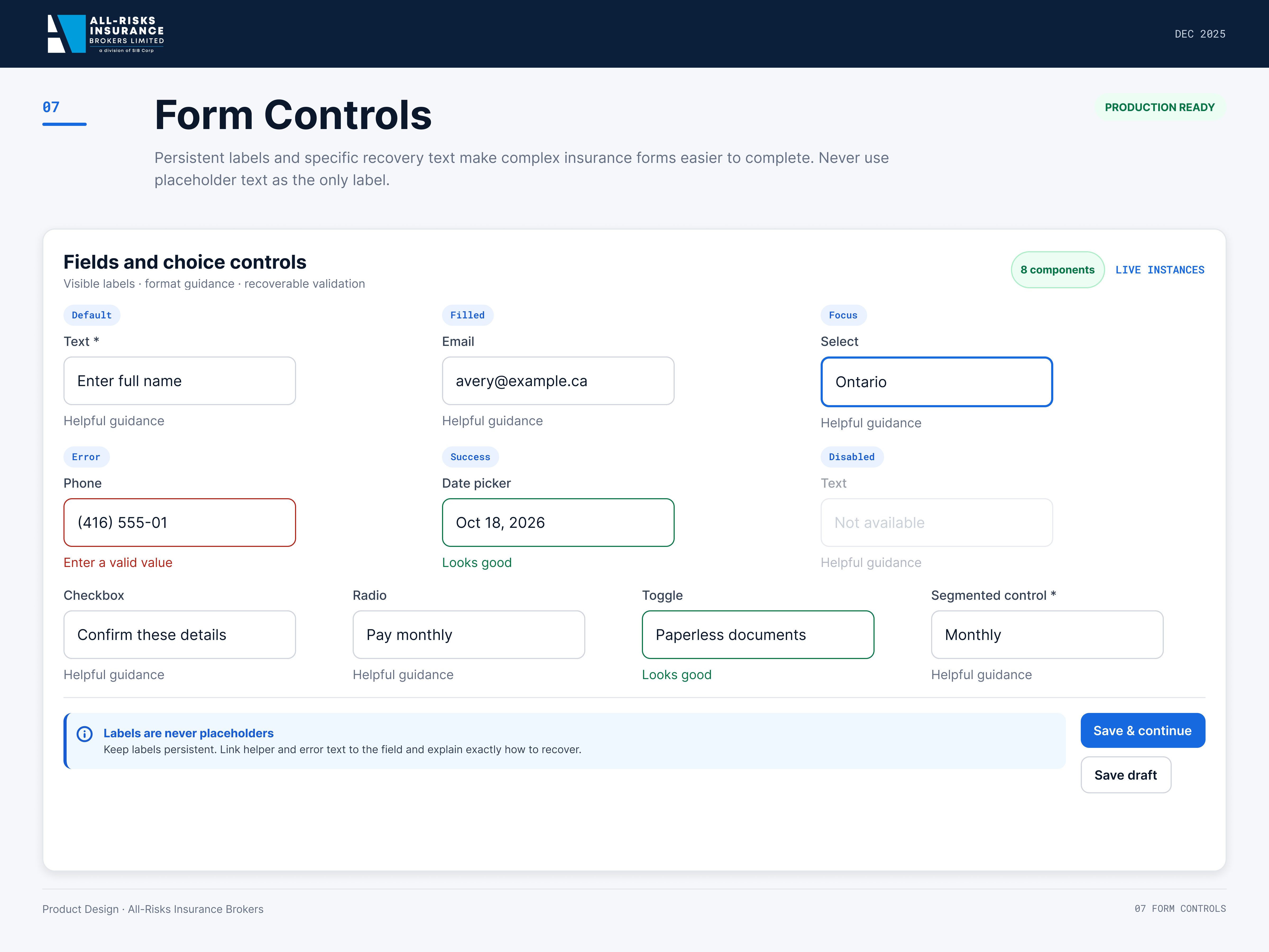 Form controls page: text, email, select, phone, date picker, checkbox, radio, toggle, and segmented control in default, filled, focus, error, success, and disabled states