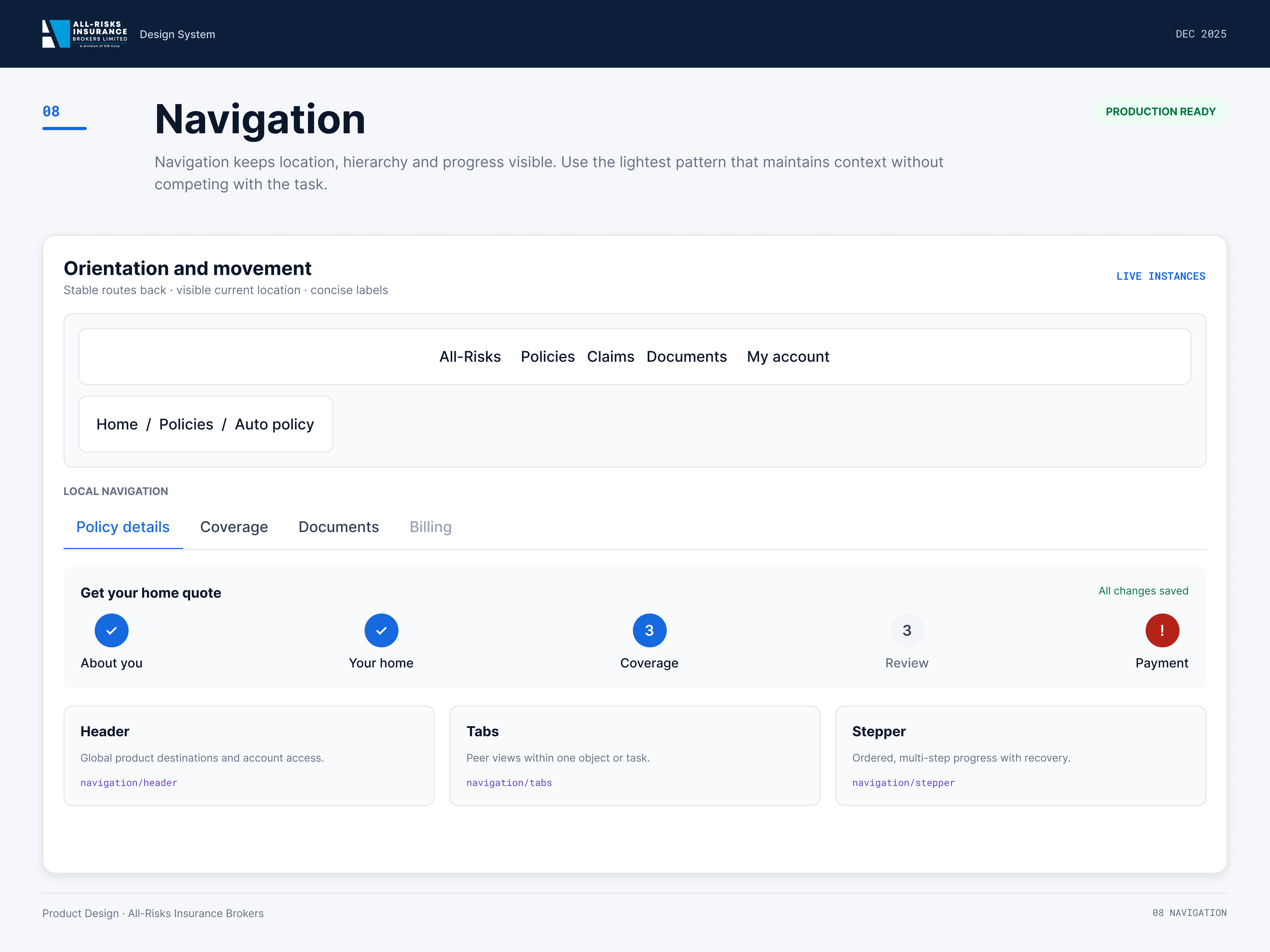 Navigation page: header, breadcrumb, tabs, and a five-step quote stepper with completed, current, and error steps