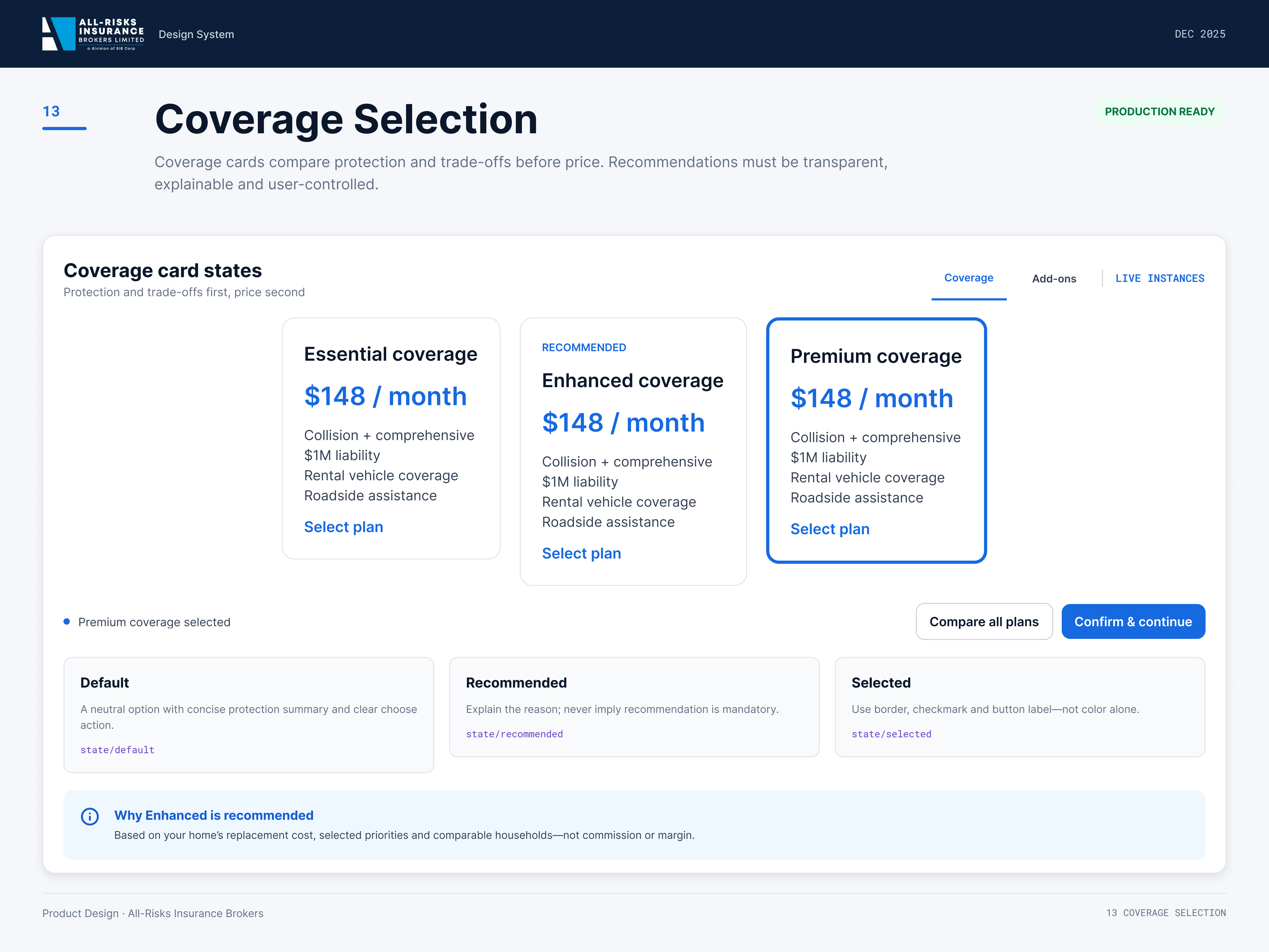 Coverage selection page: essential, recommended enhanced, and selected premium coverage cards, with an explanation of the recommendation