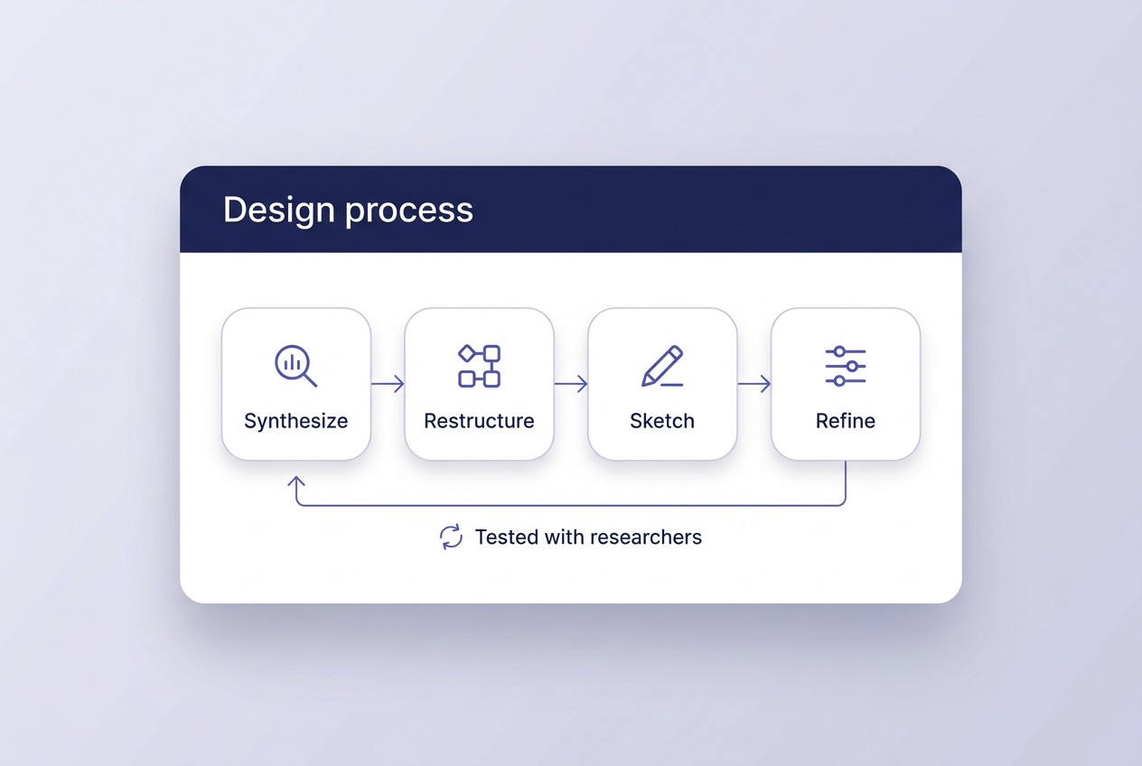 Design process: synthesize, restructure, sketch, refine, with a loop labelled tested with researchers
