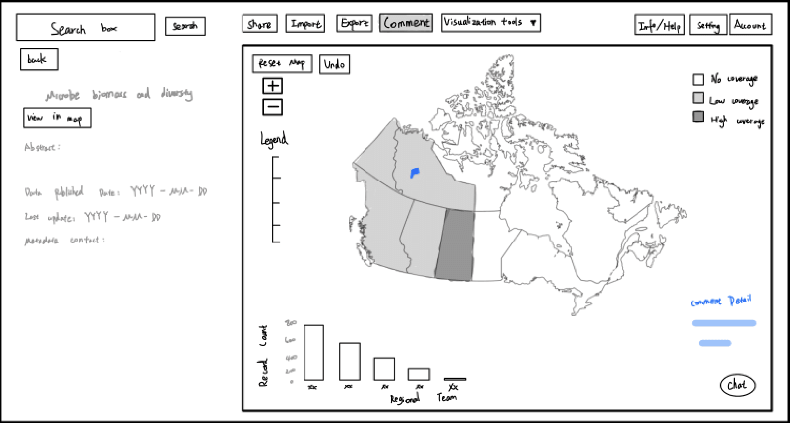 Low-fidelity wireframe of the data exploration and map screen