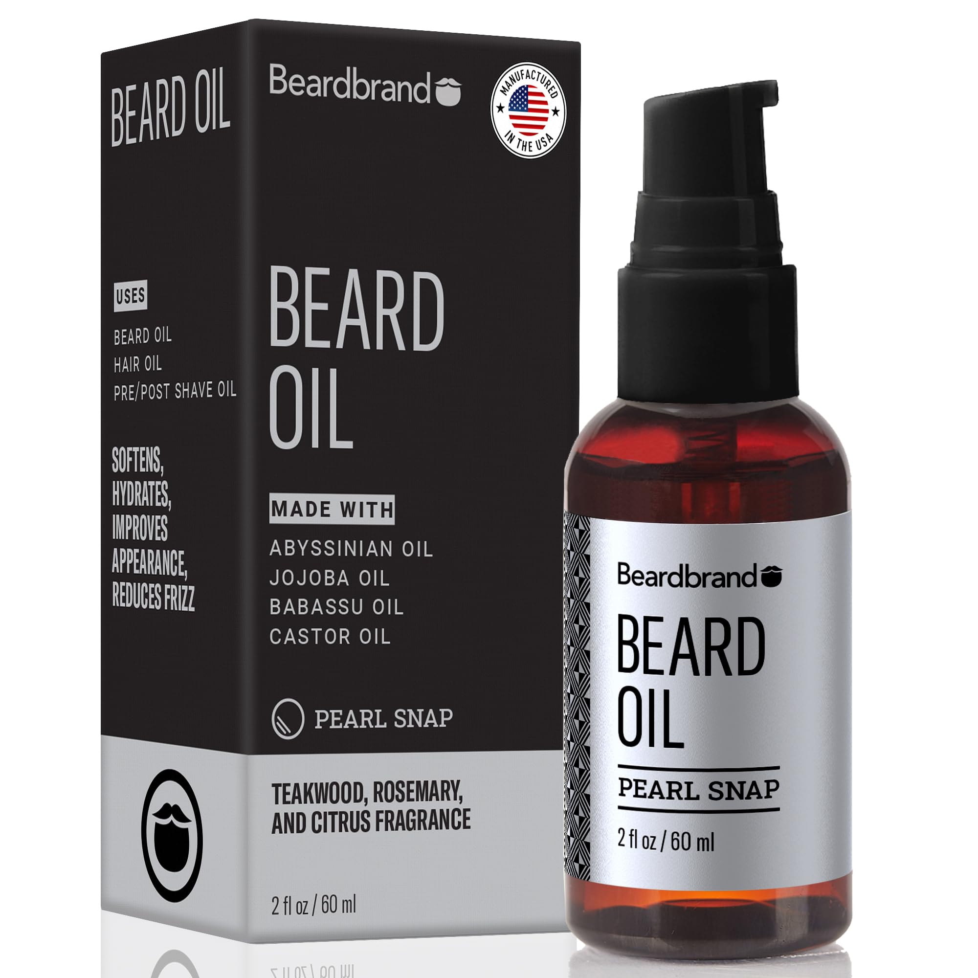 Beardbrand beard oil bottle and packaging on a white background