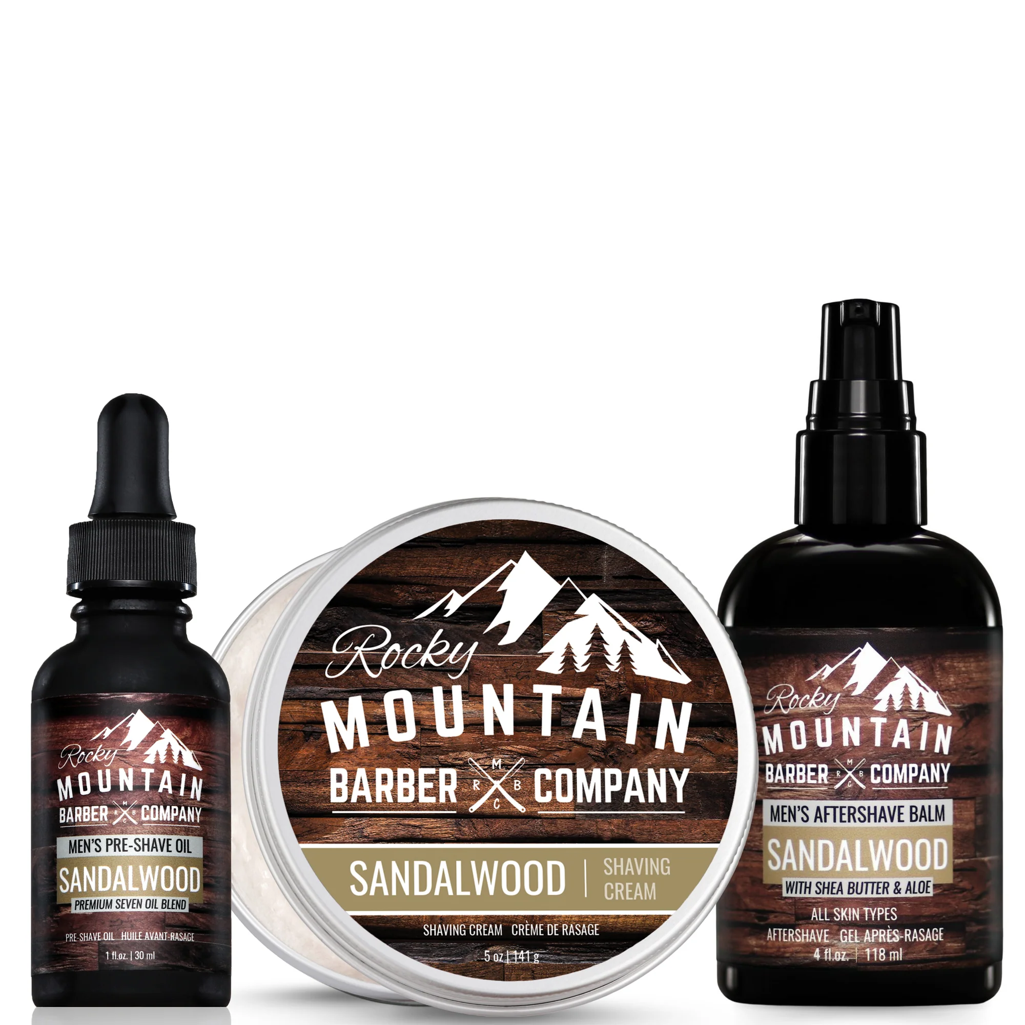 Rocky Mountain Barber Company sandalwood shaving kit with shaving cream, pre-shave oil, and aftershave balm