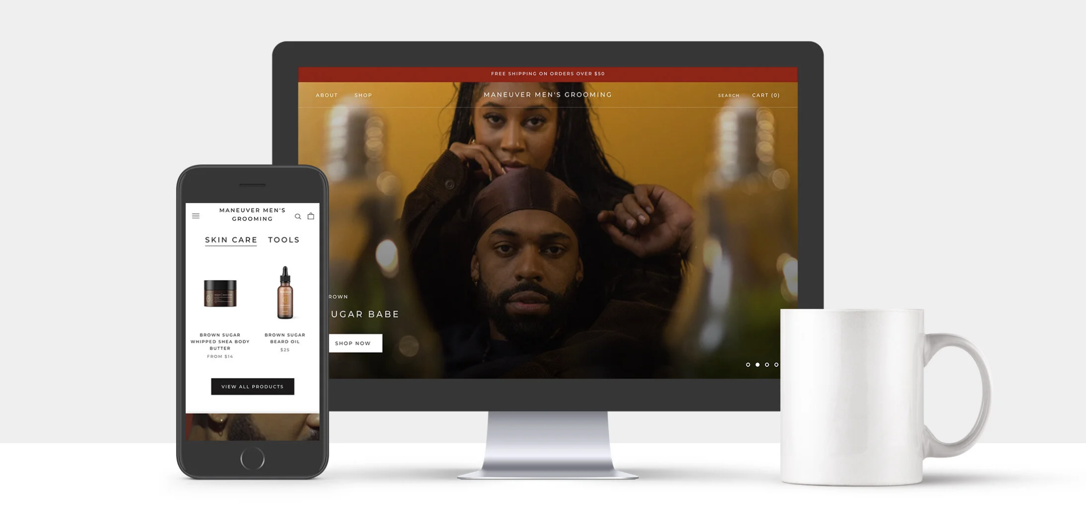 Hero: website on desktop and mobile with product still life