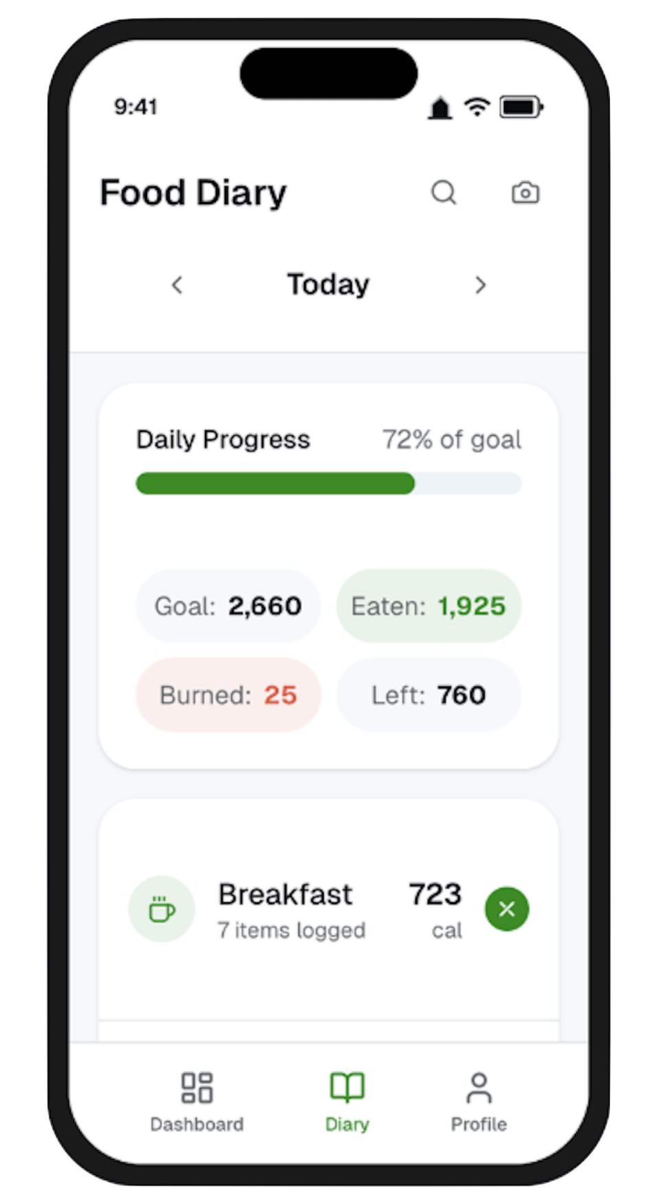 Redesigned MyFitnessPal food diary with meals grouped into cards