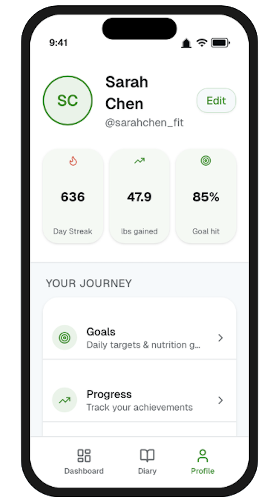 Redesigned MyFitnessPal profile screen showing streaks and progress cards