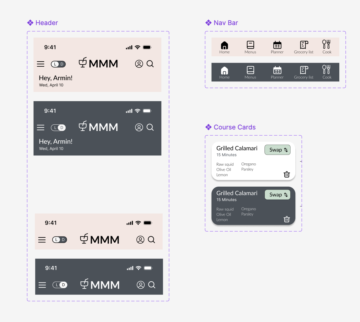 Component library showing cards, navigation, and buttons in both light and dark mode