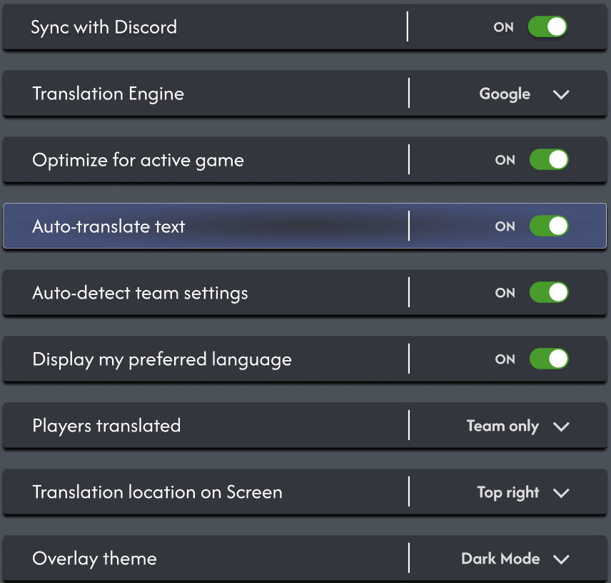 Dark settings menu with toggle switches and dropdown controls