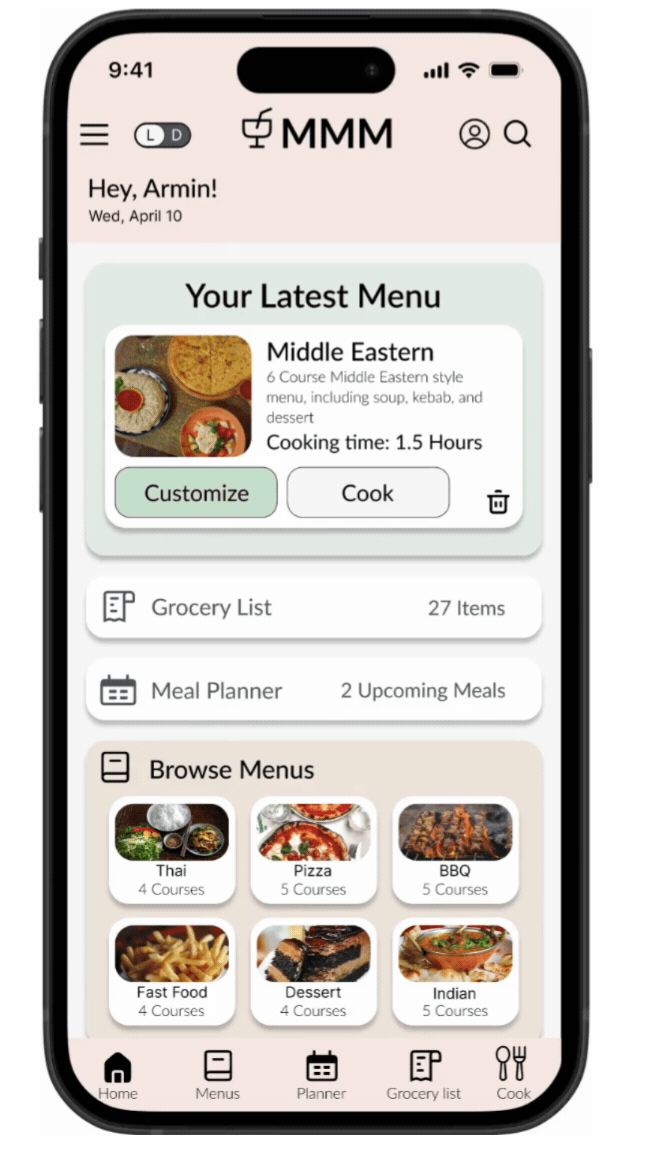Animated walkthrough of the Home Page, Menu Browsing, and Add Menu to Planner screens