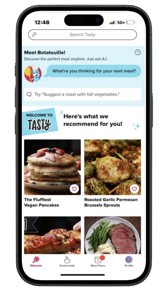 Screenshot of the Tasty app recipe discovery screen with the Botatouille AI assistant