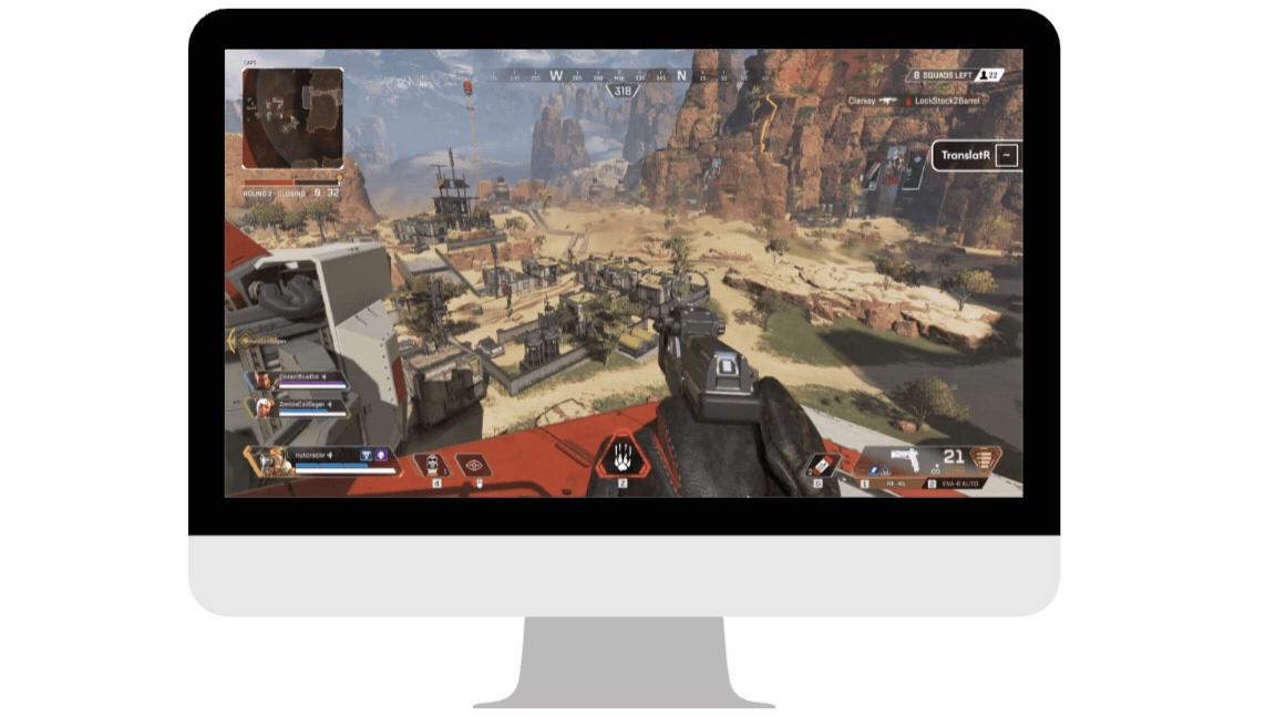 Animated demonstration of TranslatR translating incoming voice chat during gameplay